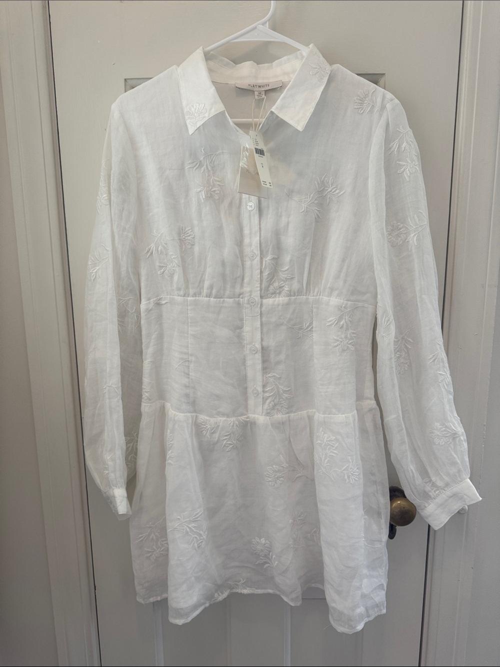 Anthropologie Flat White White Embroidered Linen Mini Dress